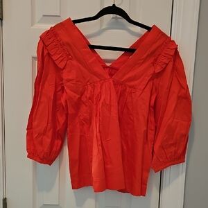 Vibrant CORAL HARSHMAN Ruffled V-Neck Blouse